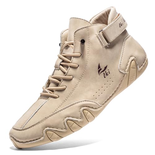 Ldeck Men's Casual Ltalian Handmade High Top high boots Leather Outdoor Walking Sneakers Slip-on Lightweight Non-Slip Waterproof Driving Chukka Boots (beige,9.5,9.5,Men)