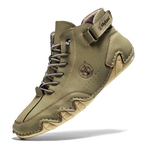 Ldeck Men's Casual Leather Fashion Sneakers Ankle Chukka Boots Slip On Lightweight Loafers Walking Driving Shoes (Khaki, 8)